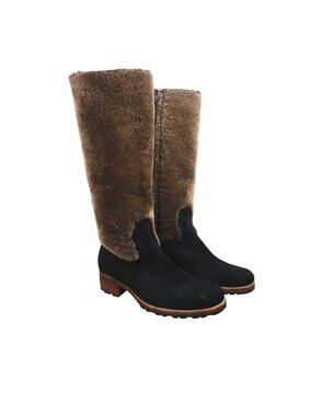UGG Women 8 Chrystie Black Riding Suede Brown Shearling Knee-High Boots Lug Sole